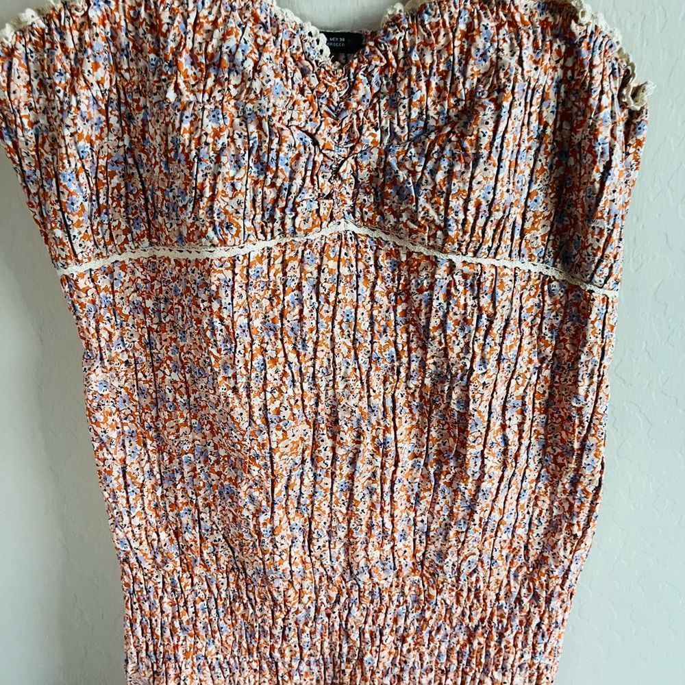 Zara Women’s Orange Floral Ruffle Smocked Mini Bodycon Boho Dress NWOT Size L - Picture 4 of 8